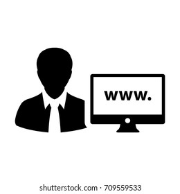 Website Icon Vector Person With Male User Computer Monitor and World Wide Web in Glyph Pictogram Avatar Symbol illustration