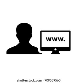 Website Icon Vector Person With Male User Computer Monitor and World Wide Web in Glyph Pictogram Avatar Symbol illustration