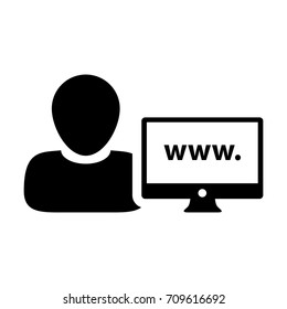 Website Icon Vector Person With Male User Computer Monitor and World Wide Web in Glyph Pictogram Avatar Symbol illustration