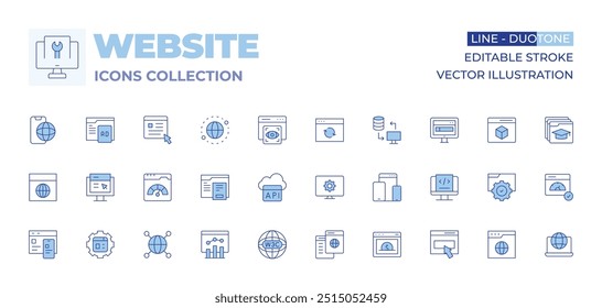 Coleção de ícones do site. Linha Duotone estilo, traço editável. mundial, global, web semântica, api, web móvel, analítica, web, gerenciamento web, melhoria, navegador.
