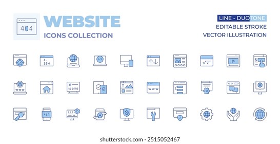 Website icons collection. Line Duotone style, editable stroke. firewall, responsive, software developer, website, maintenance, web traffic, web design, mobile app, web, homepage, browser.