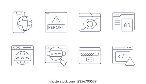 Website icons. Editable stroke. Containing content, fast, testing, web security, global, live chat, network, code.