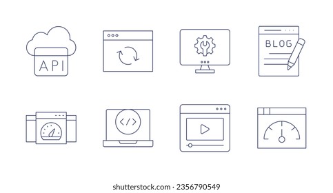 Website icons. Editable stroke. Containing binary code, internet, software, web page, ssh, Frame, code, homepage.