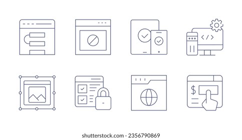 Iconos del sitio web. Trazo editable. Conteniendo web, receptivo, software, diseño web, seguridad web, sitio web, donación en línea.