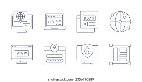 Website icons. Editable stroke. Containing layout, remote access, fast speed, usability, web design, clicking, content writing, maintenance.