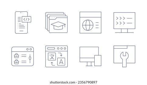 Website icons. Editable stroke. Containing layout, remote access, fast speed, usability, web design, clicking, content writing, maintenance.