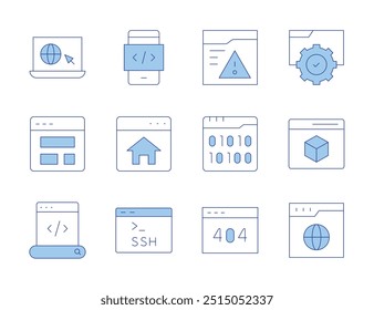 Website-Symbole. Linienduotonstil, bearbeitbarer Strich. modellierung, vorlage, surfen, website, webbrowser, mobile app, binärcode, homepage, 406, ssh, warnung.