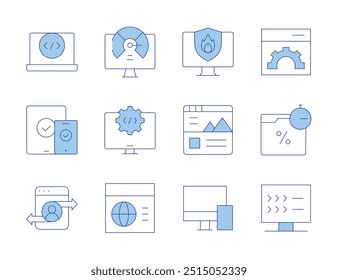Website icons. Line Duotone style, editable stroke. settings, firewall, fast speed, coding, responsive, script, web traffic, website, adaptive, web design, web settings, flash sale.