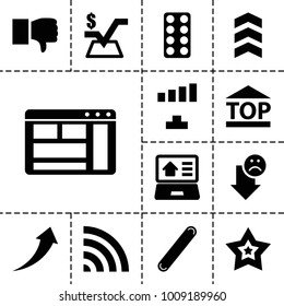 Website icons. set of 13 editable filled website icons such as mathematical square, signal, dislike, pill, top of cargo box, wi-fi, bandage, star, real estate on laptop