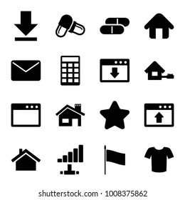 Website icons. set of 16 editable filled website icons such as star, t-shirt, pill, mail, download, browser window, window browser upload, download cloud, home, flag