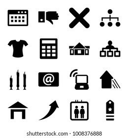 Website icons. set of 16 editable filled website icons such as elevator, t-shirt, structure, calculator, email, browser window, cross, candle, arrow up, laptop signal, rank