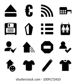 Website icons. set of 16 editable filled website icons such as t-shirt, euro, add user, house, menu, sword, diskette, bandage, eject button, signal, minus, arrow up, t-shirt