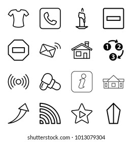 Website icons. set of 16 editable outline website icons such as 1 2 3, house building, t-shirt, minus, candle, pill, sword, wi-fi, favorite music, signal, call, arrow up, mail