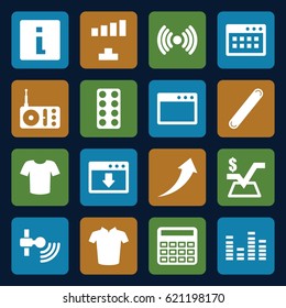 Website icons set. set of 16 website filled icons such as T-shirt, calculator, mathematical square, signal, pill, radio, equalizer, bandage, arrow up, info, browser window