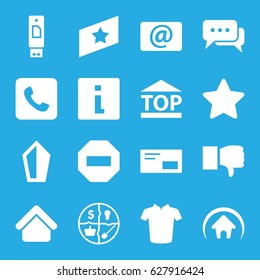 Website icons set. set of 16 website filled icons such as house building, T-shirt, top of cargo box, star, email, call, home, envelop, chat, rank, marketing, sword, dislike