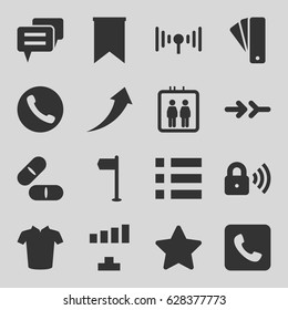 Website icons set. set of 16 website filled icons such as elevator, tag, T-shirt, signal, pill, star, call, security lock, flag, arrow, arrow up, chat