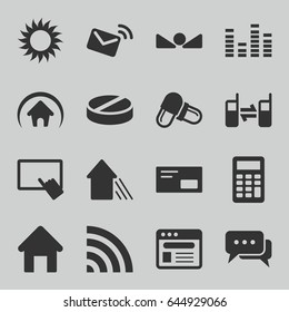 Website icons set. set of 16 website filled icons such as house building, finger on tablet, sun, pill, wi-fi, equalizer, connected phone, browser, arrow up, home, calculator