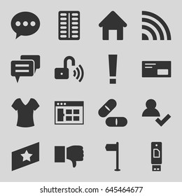 Website icons set. set of 16 website filled icons such as house building, shirt, pill, opened security lock, envelop, rank, chat, browser window, dislike, add user, signal