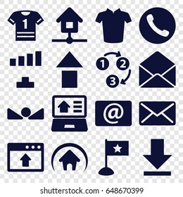 Website icons set. set of 16 website filled icons such as t-shirt, signal, envelope, email, download, mail, arrow up, real estate on laptop, home, 1 2 3, call, flag