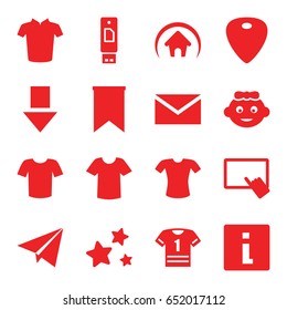 Website icons set. set of 16 website filled icons such as baby girl, finger on tablet, t-shirt, mail, guitar mediator, star, home, flag, paper plane, info, arrow down