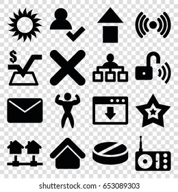 Website icons set. set of 16 website filled icons such as house building, structure, mathematical square, sun, pill, radio, cross, star, opened security lock, bodybuilder