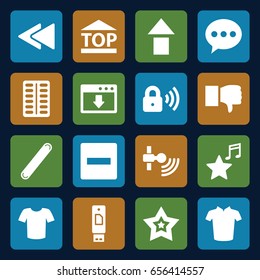Website icons set. set of 16 website filled icons such as t-shirt, pill, top of cargo box, bandage, play back, favorite music, star, security lock, minus, dislike, chat