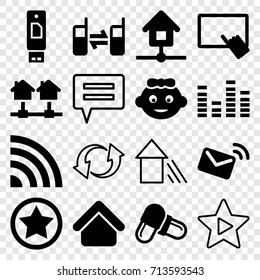 Website icons set. set of 16 website filled and outline icons such as house building, baby girl, finger on tablet, pill, equalizer, connected phone, home, mail, rank, update