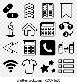 Website icons set. set of 16 website filled and outline icons such as pill, call, star, wi-fi, 1 2 3, t-shirt, calculator, connected phone, play back, home, flag, rank, menu