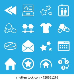 Website icons set. set of 16 website filled and outline icons such as elevator, house building, t-shirt, pill, envelope, play back, star, home, 1 2 3, rank