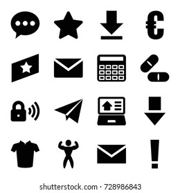 Website icons set. set of 16 website filled icons such as t-shirt, mail, calculator, pill, star, download, real estate on laptop, security lock, bodybuilder, paper plane, rank