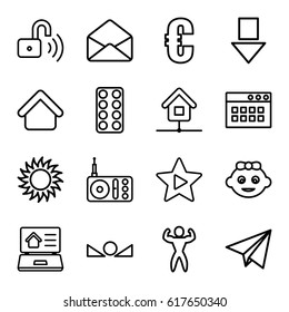 Website icons set. set of 16 website outline icons such as house building, baby girl, sun, pill, radio, envelope, favorite music, arrow up, real estate on laptop, home