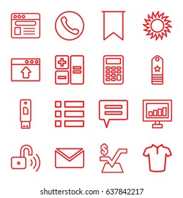 Website icons set. set of 16 website outline icons such as t-shirt, mathematical square, signal, sun, browser, opened security lock, flag, calculator, rank, mail, menu