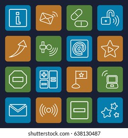 Website icons set. set of 16 website outline icons such as pill, favorite music, at email, star, opened security lock, laptop signal, mail, minus, calculator, info, flag