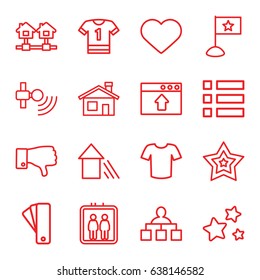 Website icons set. set of 16 website outline icons such as elevator, house building, tag, t-shirt, structure, dislike, heart, star, arrow up, flag, menu, window browser upload