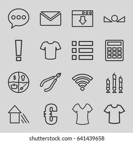 Website icons set. set of 16 website outline icons such as woman in spa, shirt, t-shirt, candle, arrow up, wi-fi, euro, chat, mail, calculator, menu, download cloud