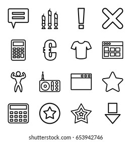 Website icons set. set of 16 website outline icons such as t-shirt, calculator, radio, star, cross, candle, rank, bodybuilder, euro, browser window, arrow down