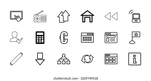 Website icons. set of 18 editable outline website icons: calculator, finger on tablet, structure, euro, browser window, info, arrow down, update, browser, arrow up, flag