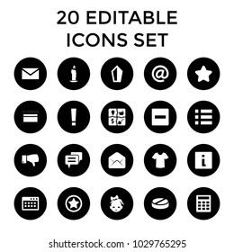 Website icons. set of 20 editable filled website icons such as star, t-shirt, mail, minus, info, candle, calculator, menu, pill. best quality website elements in trendy style.