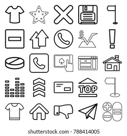 Website icons. set of 25 editable outline website icons such as house building, t-shirt, minus, flag, pill, top of cargo box, call, equalizer, dislike, diskette