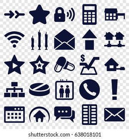 Website icons set. set of 25 website filled icons such as elevator, star, mathematical square, pill, structure, envelope, favorite music, mail, candle, home, security lock