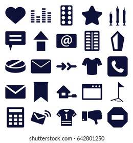 Website icons set. set of 25 website filled icons such as star, t-shirt, pill, equalizer, dislike, heart, email, call, candle, home, flag, mail, arrow, sword, calculator