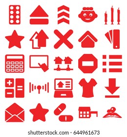 Website icons set. set of 25 website filled icons such as house building, tag, baby girl, woman in spa, star, shirt, finger on tablet, calculator, pill, envelope, eject button