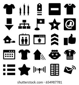 Website icons set. set of 25 website filled icons such as elevator, baby girl, star, t-shirt, pill, structure, favorite music, at email, candle, arrow up, signal, home