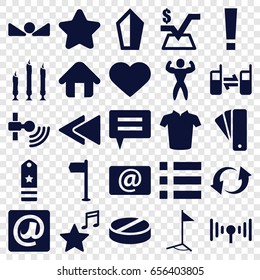 Website icons set. set of 25 website filled icons such as tag, star, t-shirt, mathematical square, pill, heart, update, connected phone, email, play back, favorite music