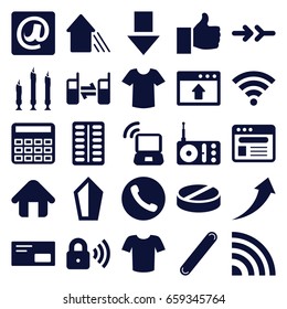 Website icons set. set of 25 website filled icons such as t-shirt, calculator, pill, radio, connected phone, browser, bandage, at email, candle, home, arrow up, security lock