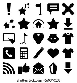 Website icons set. set of 25 website filled icons such as baby girl, star, finger on tablet, t-shirt, heart, envelope, bandage, guitar mediator, favorite music, download, call