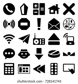 Website icons set. set of 25 website filled icons such as house building, baby girl, finger on tablet, pill, radio, envelope, eject button, play back, cross, arrow up, wi-fi