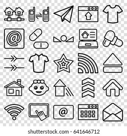 Website icons set. set of 25 website outline icons such as house building, baby girl, finger on tablet, t-shirt, pill, connected phone, envelope, email, eject button, at email