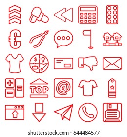 Website icons set. set of 25 website outline icons such as woman in spa, shirt, t-shirt, calculator, pill, top of cargo box, dislike, diskette, play back, at email, mail