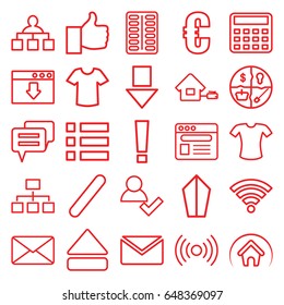 Website icons set. set of 25 website outline icons such as t-shirt, structure, calculator, pill, browser, bandage, eject button, mail, home, wi-fi, euro, add user, chat, sword